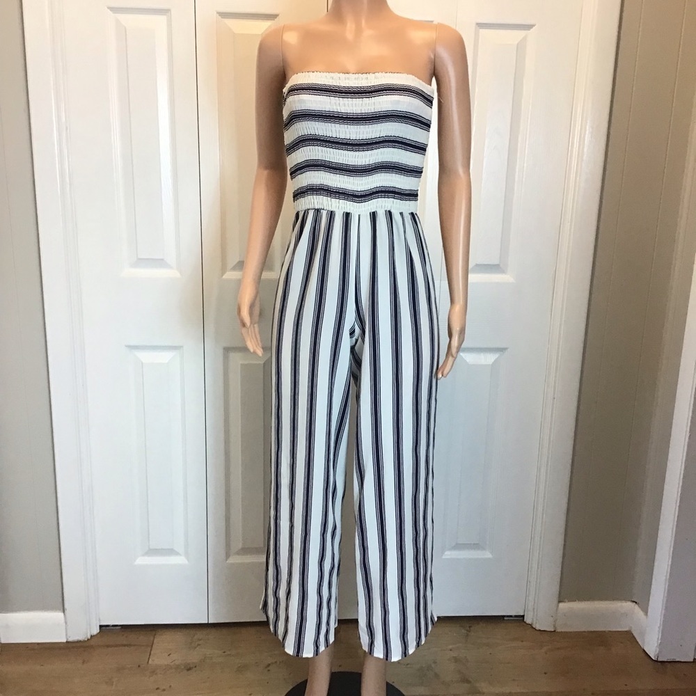 Mlle Gabrielle Navy Blue and White Striped Smocked Strapless Jumpsuit Size Small